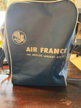 Vintage Air France Flight Bag-Navy Blue Vinyl Airline CarryOn-Shoulder Bag-1970s